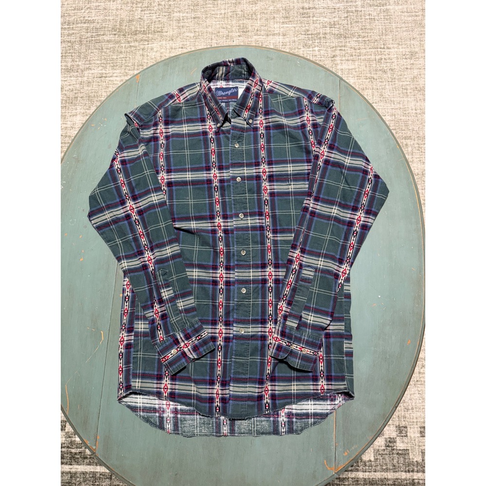 Vtg 90s Wrangler Southwestern Aztec Strip Plaid LS Button Down Sz M X-Long Tails